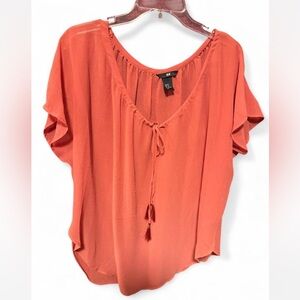 H&M coral/Terracotta sheer short sleeve blouse w/ v neck , tie front detail